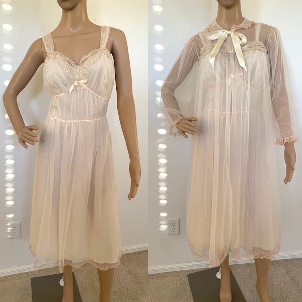 RADCLIFFE Peignoir Set Vintage 1950s Beige Nylon Nightgown Robe