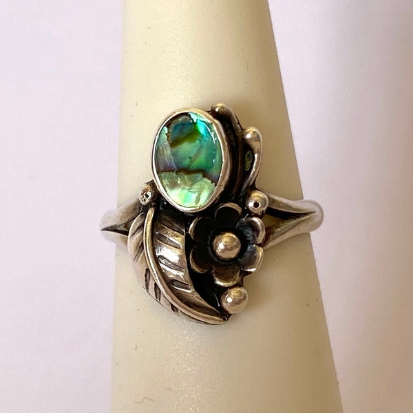 Southwest Ring Vintage Sterling Silver Leaf Flower Abalone Jewelry