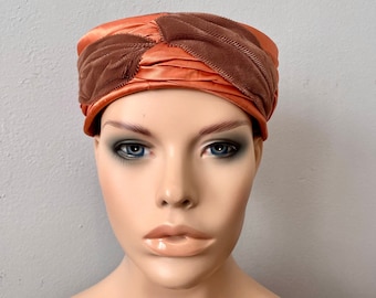 Pillbox Hat Vintage 1950s Brown Velvet Orange Satin