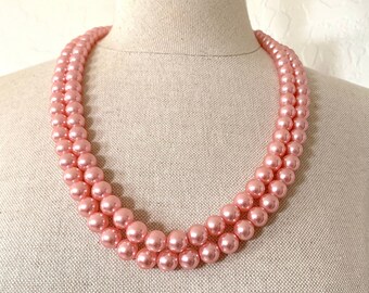 Pink Pearl Necklace Vintage 1960s Two Strand Beaded Jewelry