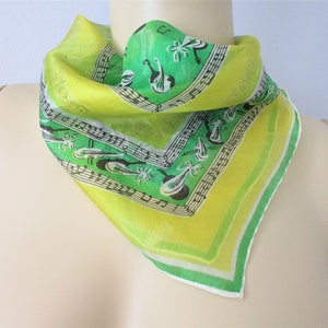 Silk Scarf Neckerchief Pocket Hankie Vintage 1950s Green Yellow Music Notes String Instruments Violin Lute image 1