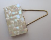 Carryall Clutch Purse Minaudiere Vintage 1950s Mother Of Pearl Gold Plated Vanity Face Powder Compact Lipstick Comb