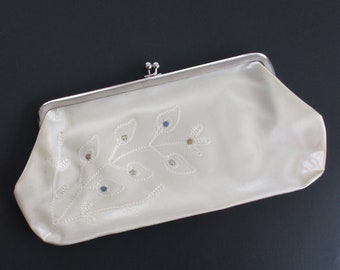 Lucite Clutch Purse Vintage 1950s Ivory Satin Clear Plastic Silver Plated Rhinestone Leaves