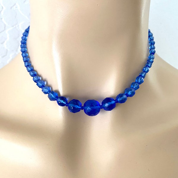 Beaded Choker Necklace Vintage 1950s Blue Faceted Glass Jewelry