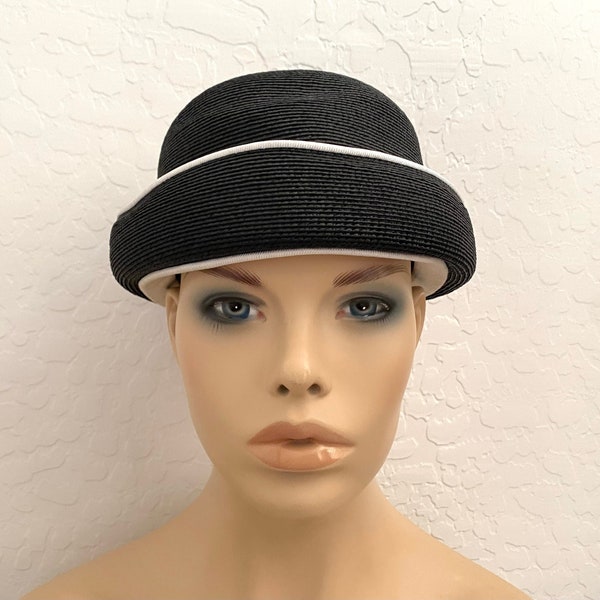 Mod Bubble Hat Vintage 1960s Black White Straw Accessory