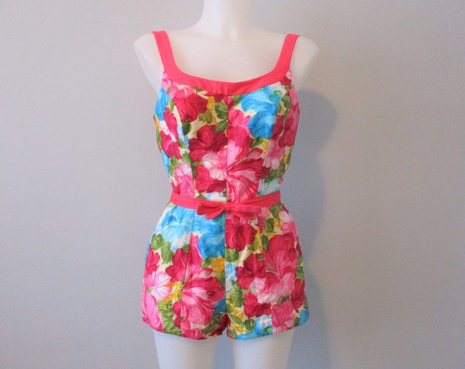 Pinup Girl Swimsuit Playsuit Romper Vintage 1950s Bombshell Hot Pink