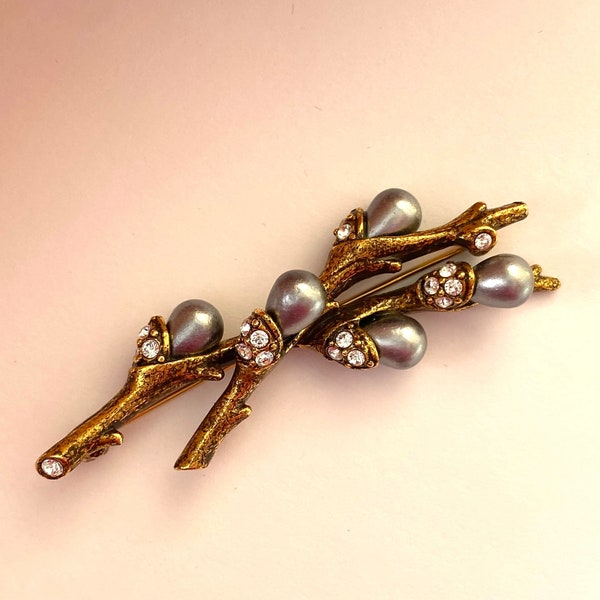 JOAN RIVERS Brooch Vintage 1980s Pussy Willow Rhinestone Gray Pearl Jewelry Pin