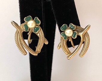 Lucky Charm Earrings Vintage 1940s Gold Screw Back Pearl Four Leaf Clover Horseshoe Wishbone