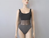 ANNE COLE Swimsuit Vintage 1990s Black White Polka Dot Sheer Mesh Fishnet Low Back One Piece Swimwear Bathing Suit