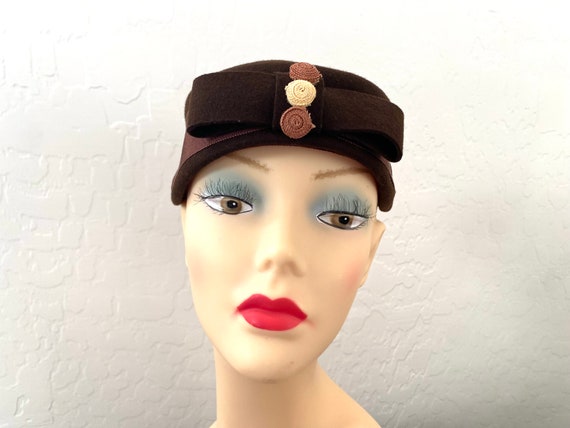 Pillbox Hat Vintage 1940s Brown Wool Felt Bow - image 2