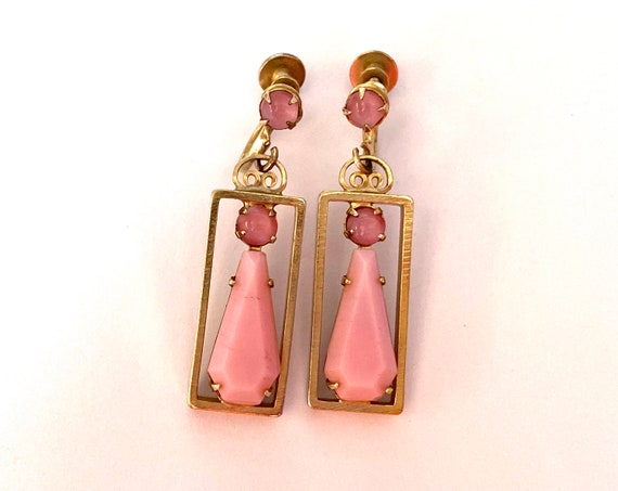 Dangle Earrings Vintage 1950s Pink Glass Screw Ba… - image 3