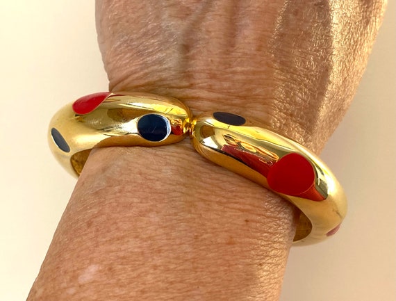 Clamper Bracelet Vintage 1980s Gold Plated Red Bl… - image 7