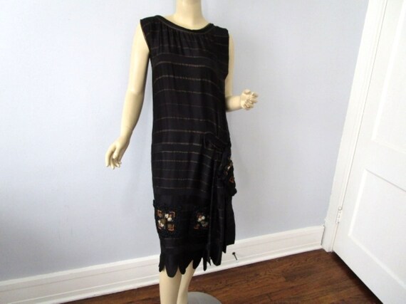 Flapper Dress Antique 1920s Black Beige 