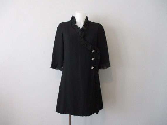 Vintage 1940s Dress Black Rayon Crepe Rhinestone B