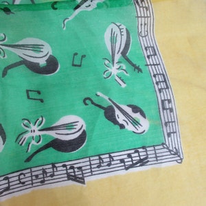 Silk Scarf Neckerchief Pocket Hankie Vintage 1950s Green Yellow Music Notes String Instruments Violin Lute image 5