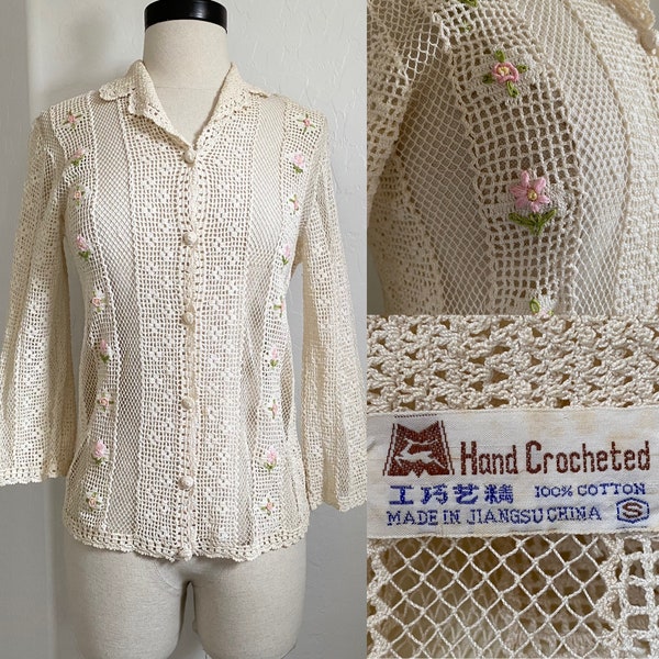 Hand Crocheted Cardigan Vintage 1950s Beige Pink Floral Collared Lace Sweater