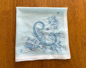 Madeira Handkerchief Vintage 1950s Blue Embroidered Flowers C Monogram Hankie