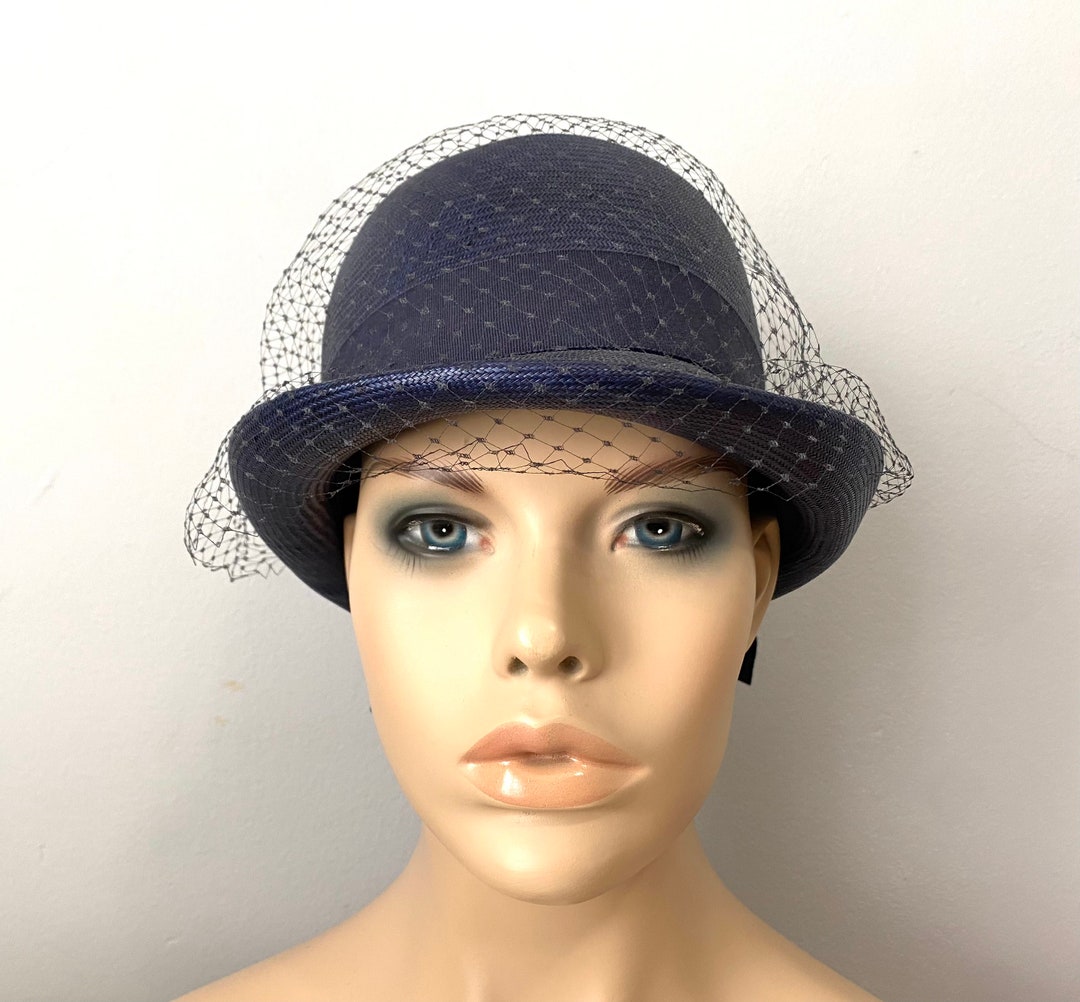 Bowler Hat Vintage 1960s Navy Blue Straw Veil Bow Etsy