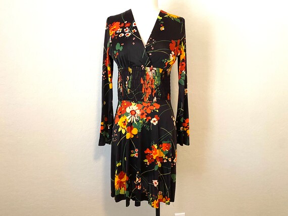 Floral Mini Dress Vintage 1960s Black Orange - image 2