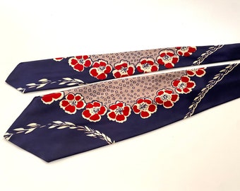 Swing Tie Vintage 1940s Navy Blue Red Floral Satin Necktie Accessory
