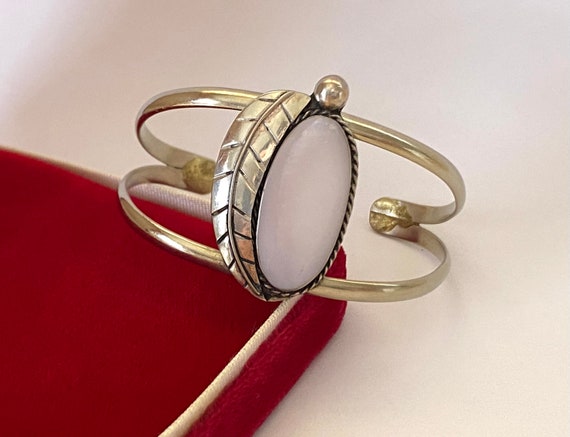 Cuff Bracelet Vintage 1940s Sterling Silver Pink … - image 3