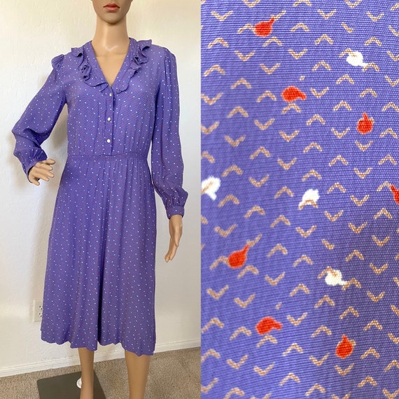 BELLE FRANCE Dress Vintage 1970s Purple Polka Dot… - image 1