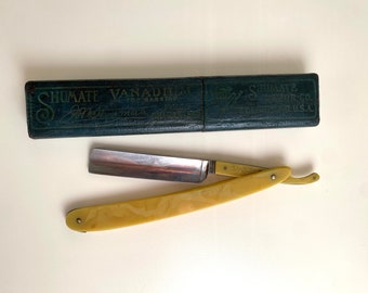 SHUMATE Straight Razor Antique Faux Yellow Celluloid Original Box