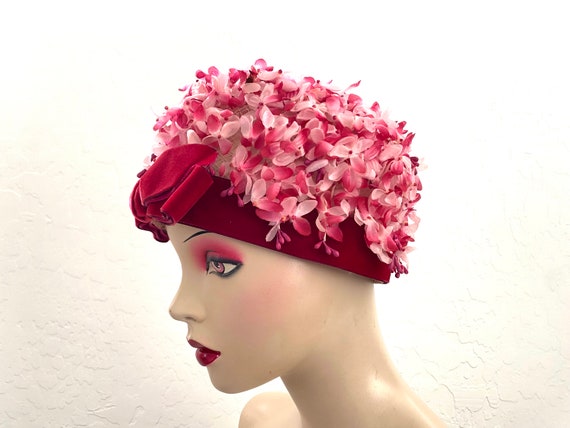 Pink Floral Hat Vintage 1960s Mod Velvet Bow - image 3