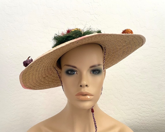 Sun Hat Vintage 1950s Beige Straw Wide Brim Raffi… - image 3