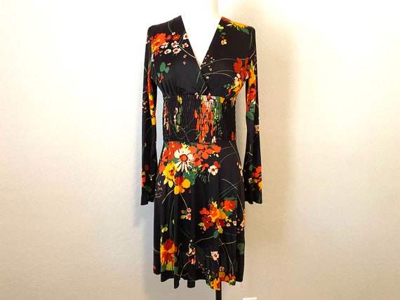 Floral Mini Dress Vintage 1960s Black Orange - image 1