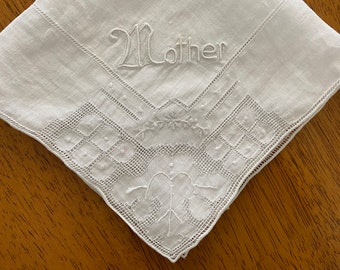 MADEIRA Mother Hankie Vintage 1950s White Linen Embroidered Handkerchief