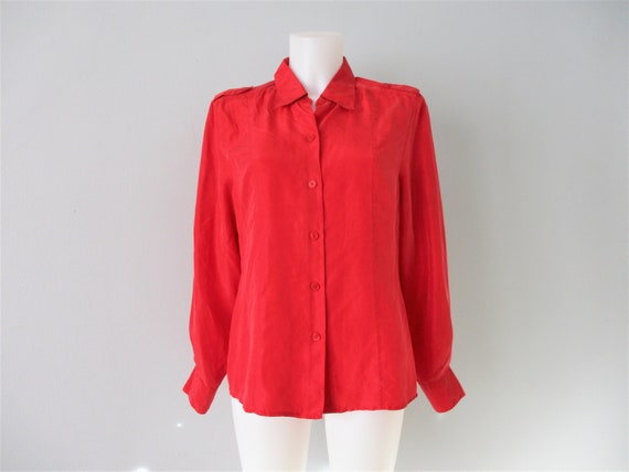 Red Silk Blouse Vintage 1980s Collared Button Down