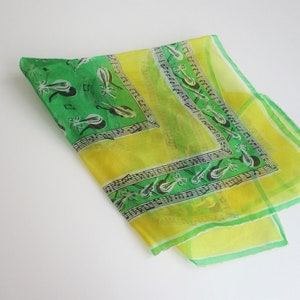 Silk Scarf Neckerchief Pocket Hankie Vintage 1950s Green Yellow Music Notes String Instruments Violin Lute image 3