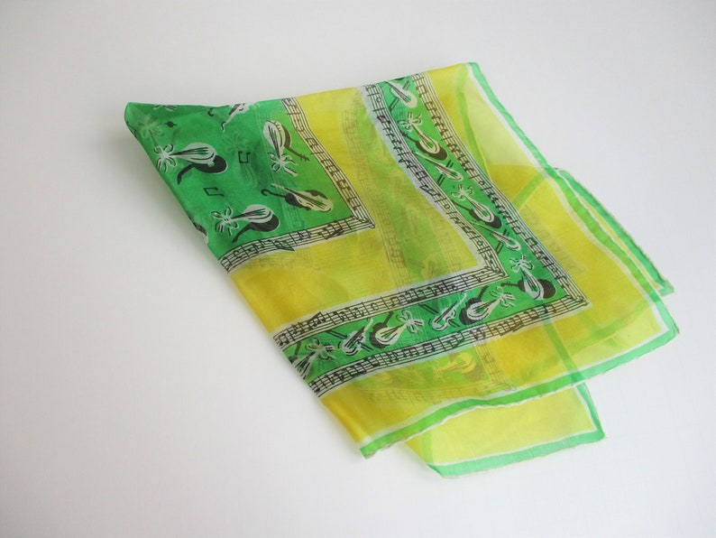 Silk Scarf Neckerchief Pocket Hankie Vintage 1950s Green Yellow Music Notes String Instruments Violin Lute image 3