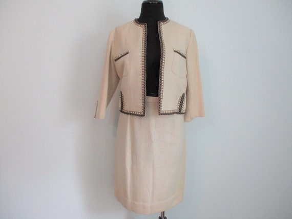 Wool Jacket Wiggle Skirt Suit Vintage 1950s Beige