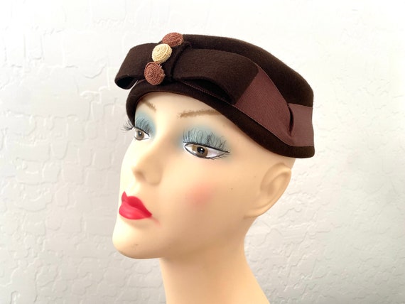 Pillbox Hat Vintage 1940s Brown Wool Felt Bow - image 3