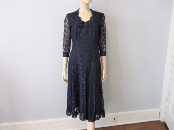 Lace Dress Gown Vintage 1930s 1940s Navy Blue Orig