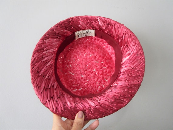 Boater Hat Vintage 1960s Hot Pink White Raffia Sa… - image 7
