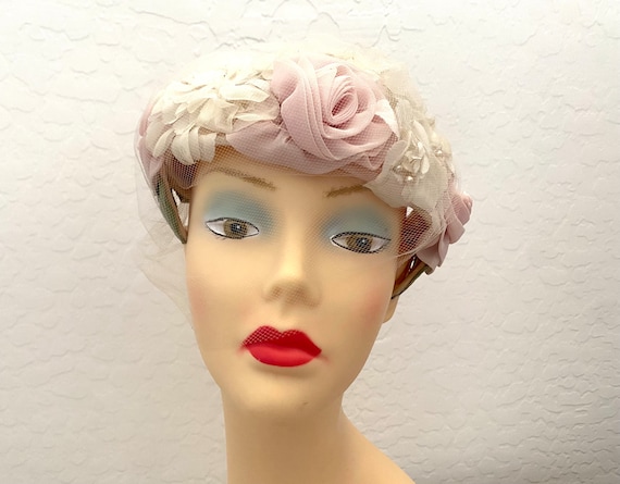 Floral Hat Veil Vintage 1960s White Pink Roses He… - image 1