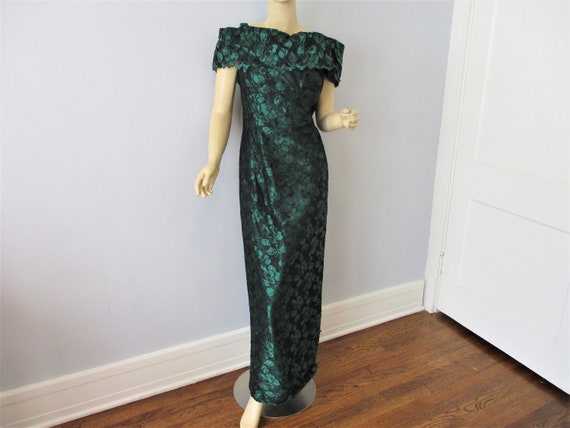 Evening Gown Dress Vintage 1980s Forest Green Blac