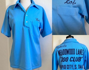 HILTON Bowling Shirt Vintage 1970s Blue Pullover 700 Club South Dakota