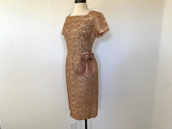 Wiggle Dress Vintage 1960s Brown Illusion Lace Co… - image 4