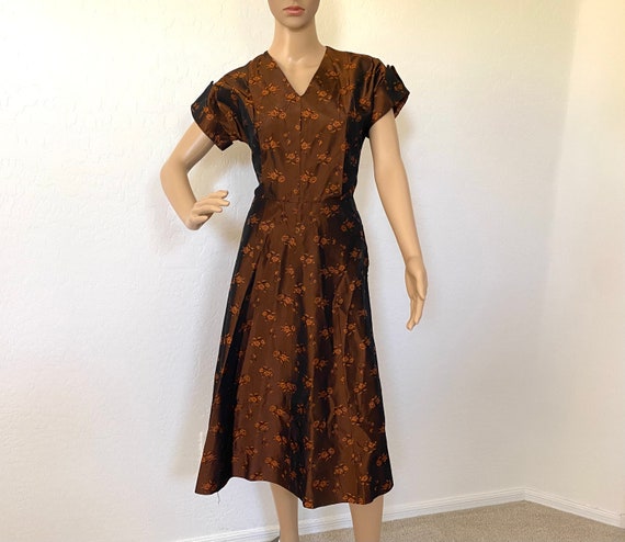 Fit And Flare Dress Vintage 1950s Copper Floral B… - image 1