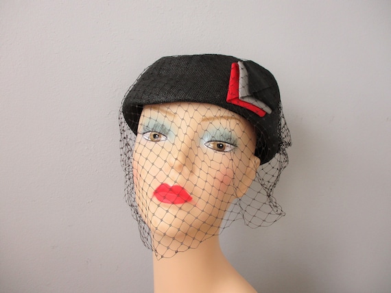 Cocktail Hat Vintage 1940s Black Straw Art Deco V