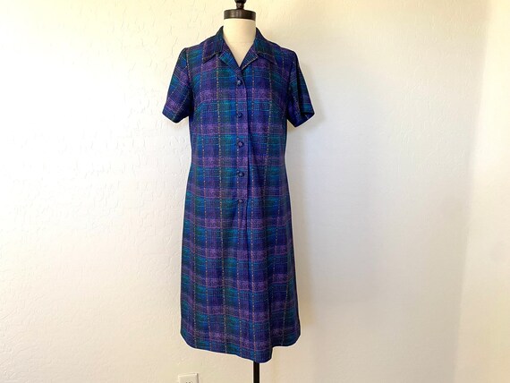 BRITISH LADY Shift Dress Vintage 1970s Purple Pla… - image 1