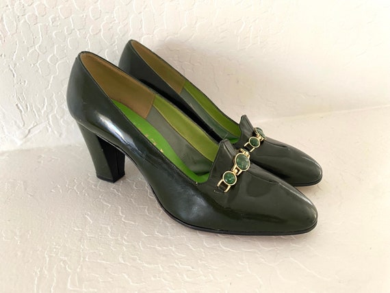 Mod Pumps Vintage 1960s Forest Green Leather Jewe… - image 10