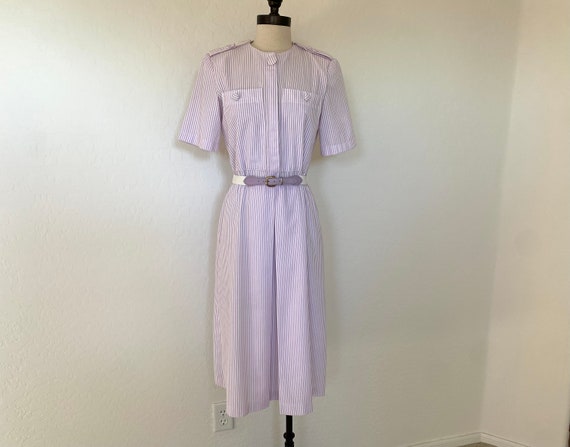 Striped Dress Vintage 1970s Lavender White Seersu… - image 2