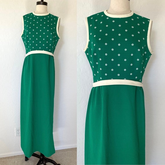 Maxi Dress Vintage 1960s Green White Sleeveless P… - image 1