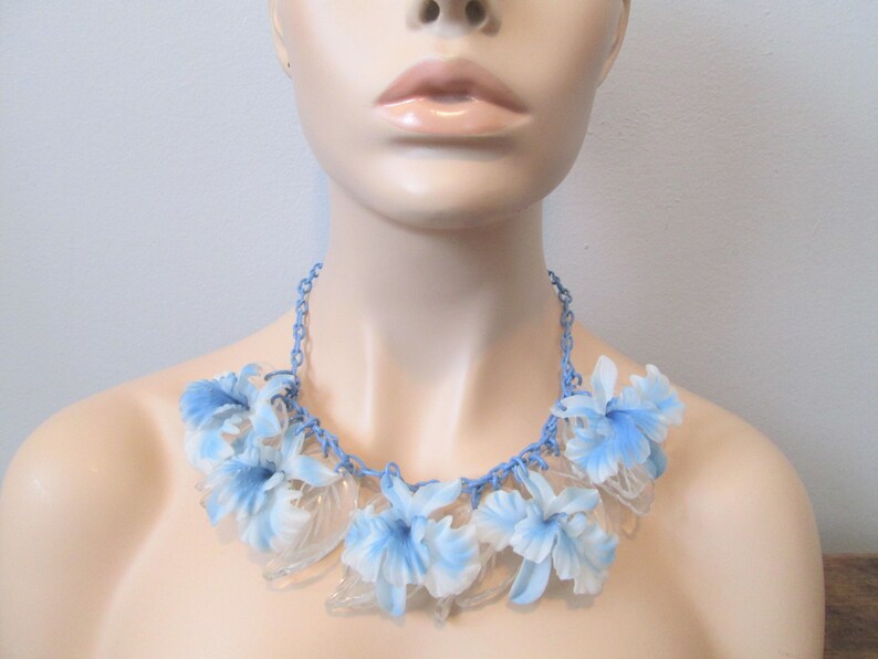 Rare Necklace Clip On Earrings Jewelry Set Vintage 1950s Large Celluloid Orchid Flowers Clear Lucite Leaves