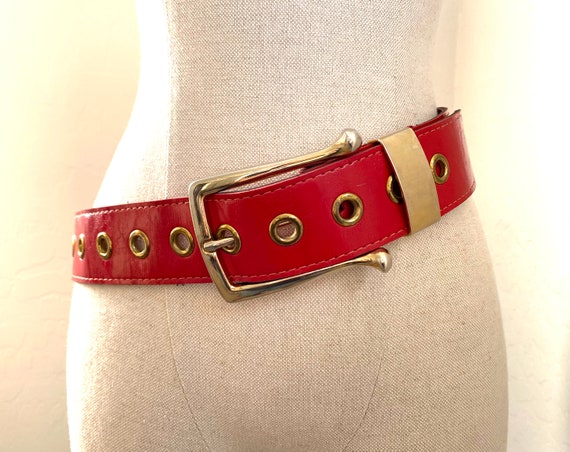 Red Grommet Belt Vintage 1990s Vinyl Gold Plated … - image 1